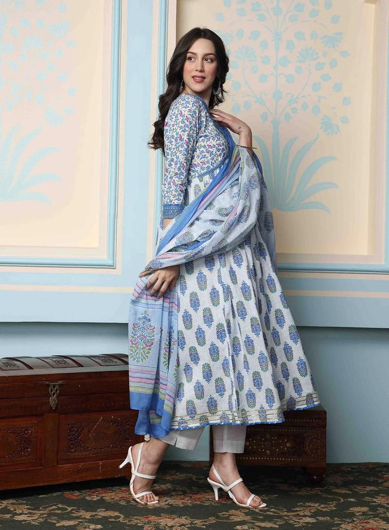ISHIN Women'S Blue 100% Cotton Self Design Full Length Palazzo Kurta Set